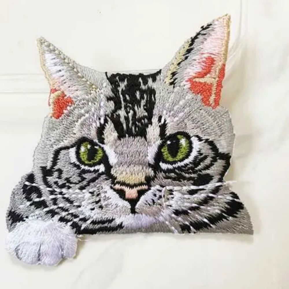 NWOT Iron-On Fluffy Grey Tabby Cat Pocket Patch